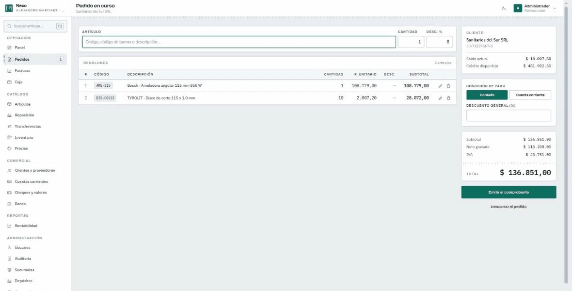 Pedido en curso en Nexo, con sus renglones y el total a la derecha